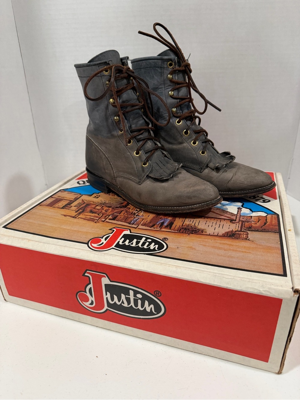 Justin Boots Vintage Kiltie Lace Up western cowgirl blue/gray leather